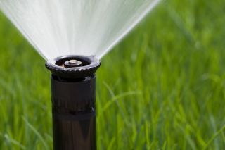 Detail of a working lawn sprinkler head watering the grass